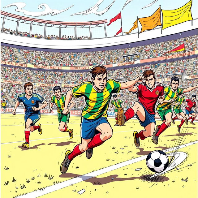 A vibrant and dynamic comic strip featuring a group of football players in action