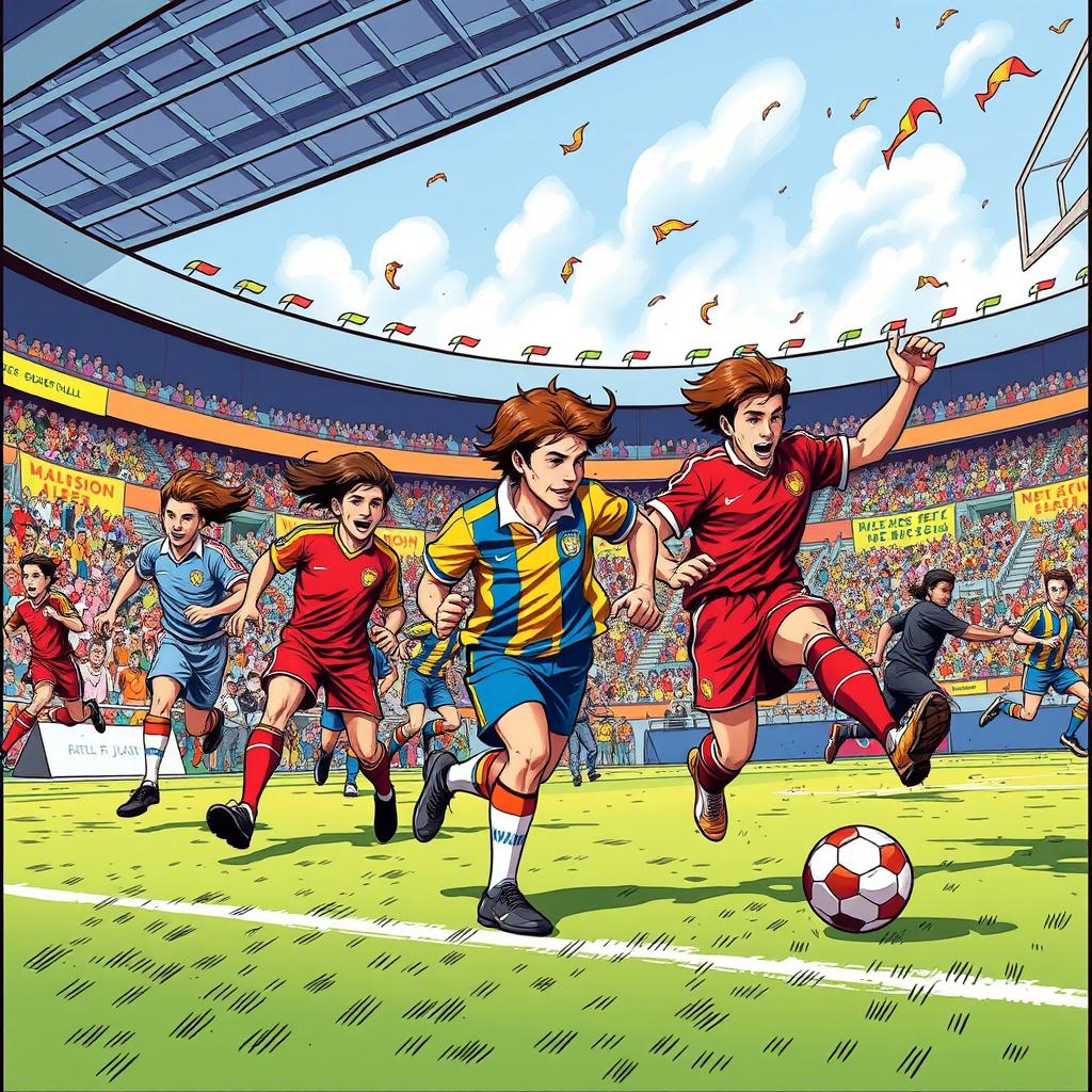 A vibrant and dynamic comic strip featuring a group of football players in action