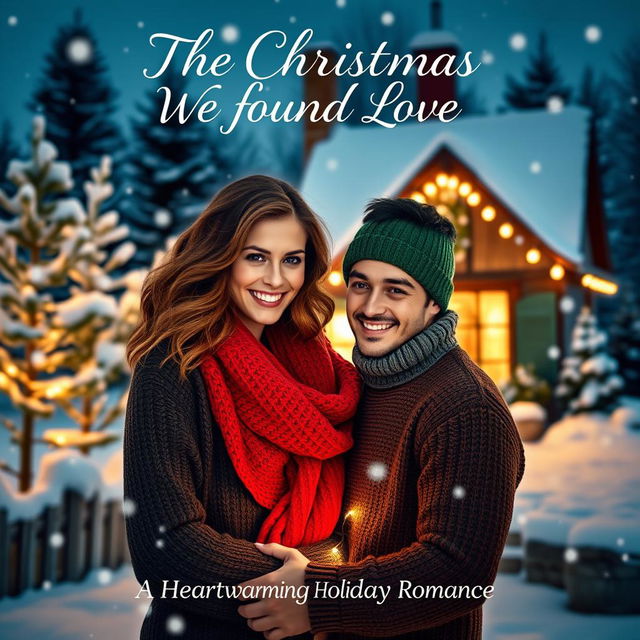 A romantic book cover for 'The Christmas We Found Love', featuring a picturesque winter scene with a quaint cottage covered in snow