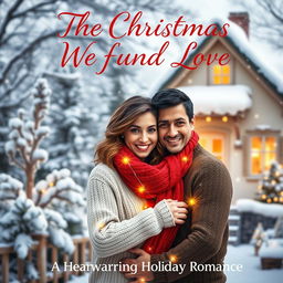 A romantic book cover for 'The Christmas We Found Love', featuring a picturesque winter scene with a quaint cottage covered in snow