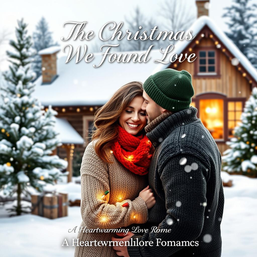 A romantic book cover for 'The Christmas We Found Love', featuring a picturesque winter scene with a quaint cottage covered in snow