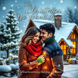 A romantic book cover for 'The Christmas We Found Love', featuring a picturesque winter scene with a quaint cottage covered in snow