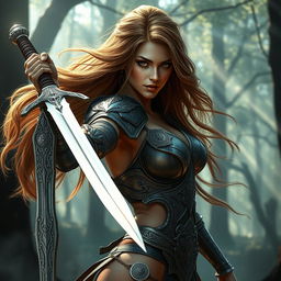 A beautiful woman with long flowing hair, striking a confident and alluring pose, wielding a gleaming sword