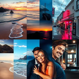 A captivating collage that seamlessly blends several stunning photographs, showcasing a variety of beautiful landscapes, vibrant cityscapes, and intimate portraits