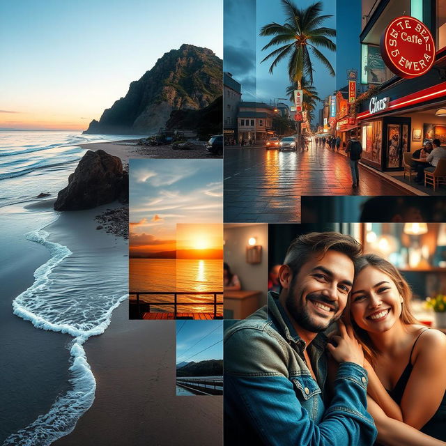 A captivating collage that seamlessly blends several stunning photographs, showcasing a variety of beautiful landscapes, vibrant cityscapes, and intimate portraits