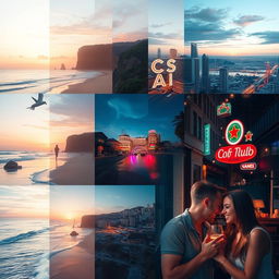 A captivating collage that seamlessly blends several stunning photographs, showcasing a variety of beautiful landscapes, vibrant cityscapes, and intimate portraits