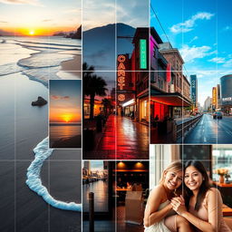 A captivating collage that seamlessly blends several stunning photographs, showcasing a variety of beautiful landscapes, vibrant cityscapes, and intimate portraits