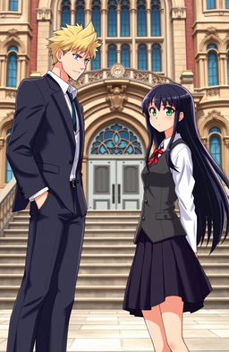 A tall, athletic blonde boy with brown eyes wearing a sharp suit as a uniform looks defiantly at a girl with long black hair and striking green eyes