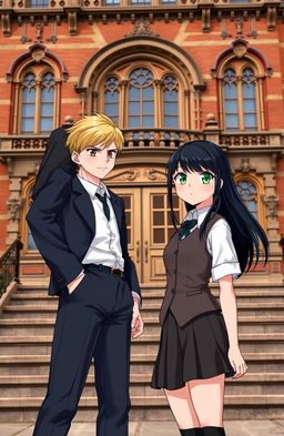 A tall, athletic blonde boy with brown eyes wearing a sharp suit as a uniform looks defiantly at a girl with long black hair and striking green eyes