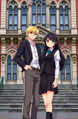 A tall, athletic blonde boy with brown eyes wearing a sharp suit as a uniform looks defiantly at a girl with long black hair and striking green eyes