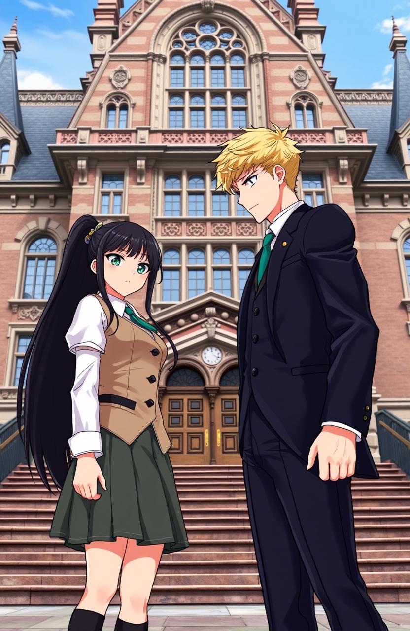 A tall, athletic blonde boy with brown eyes wearing a sharp suit as a uniform looks defiantly at a girl with long black hair and striking green eyes