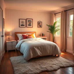 A cozy bedroom interior featuring a single bed with a warm, inviting design