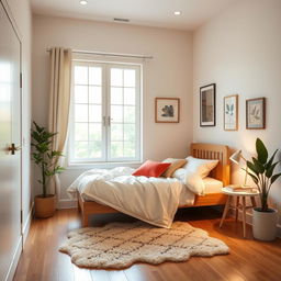 A cozy bedroom interior featuring a single bed with a warm, inviting design