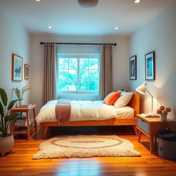 A cozy bedroom interior featuring a single bed with a warm, inviting design