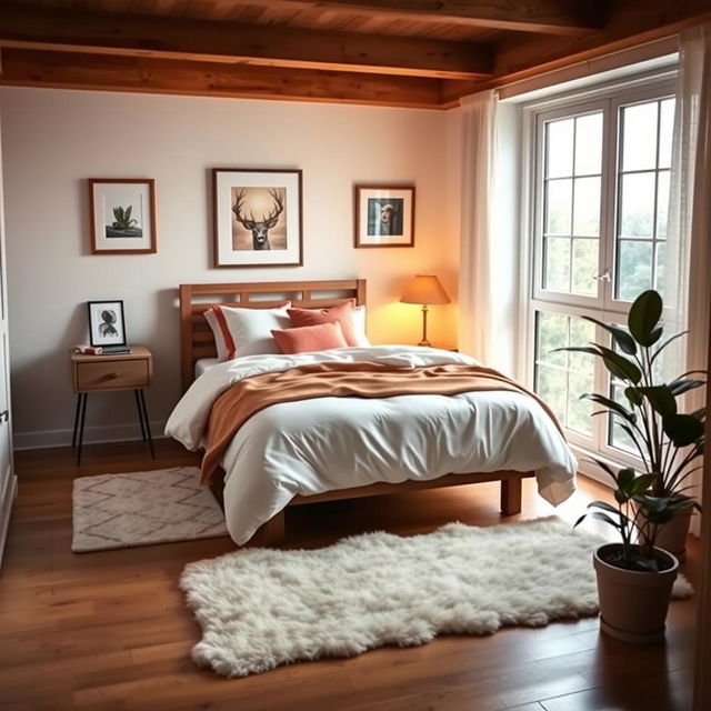 A cozy bedroom interior featuring a single bed with a warm, inviting design