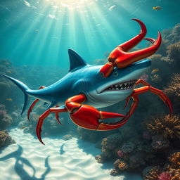 A fantastical creature that is a hybrid of a shark and a crab, featuring the sleek body of a shark integrated with the hard shell and pincers of a crab