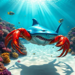 A fantastical creature that is a hybrid of a shark and a crab, featuring the sleek body of a shark integrated with the hard shell and pincers of a crab