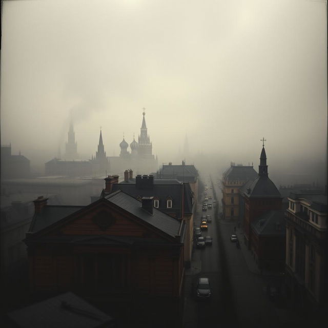 A panoramic view of Moscow in the 1920s, depicting an atmospheric, slightly blurred cityscape shrouded in a foggy haze