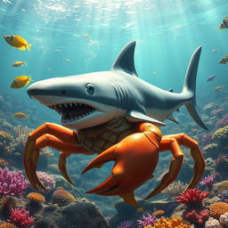 A realistic shark-crab chimera, combining the sleek body of a shark with the shell and claws of a crab
