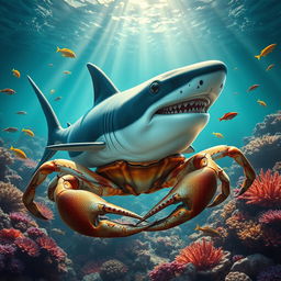 A realistic shark-crab chimera, combining the sleek body of a shark with the shell and claws of a crab