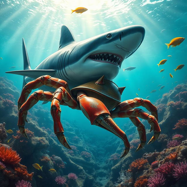 A realistic shark-crab chimera, combining the sleek body of a shark with the shell and claws of a crab