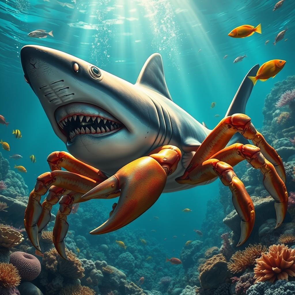 A realistic shark-crab chimera, combining the sleek body of a shark with the shell and claws of a crab