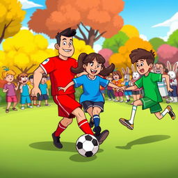 A vibrant and playful cartoon scene featuring a diverse group of cartoon characters playing football in a park