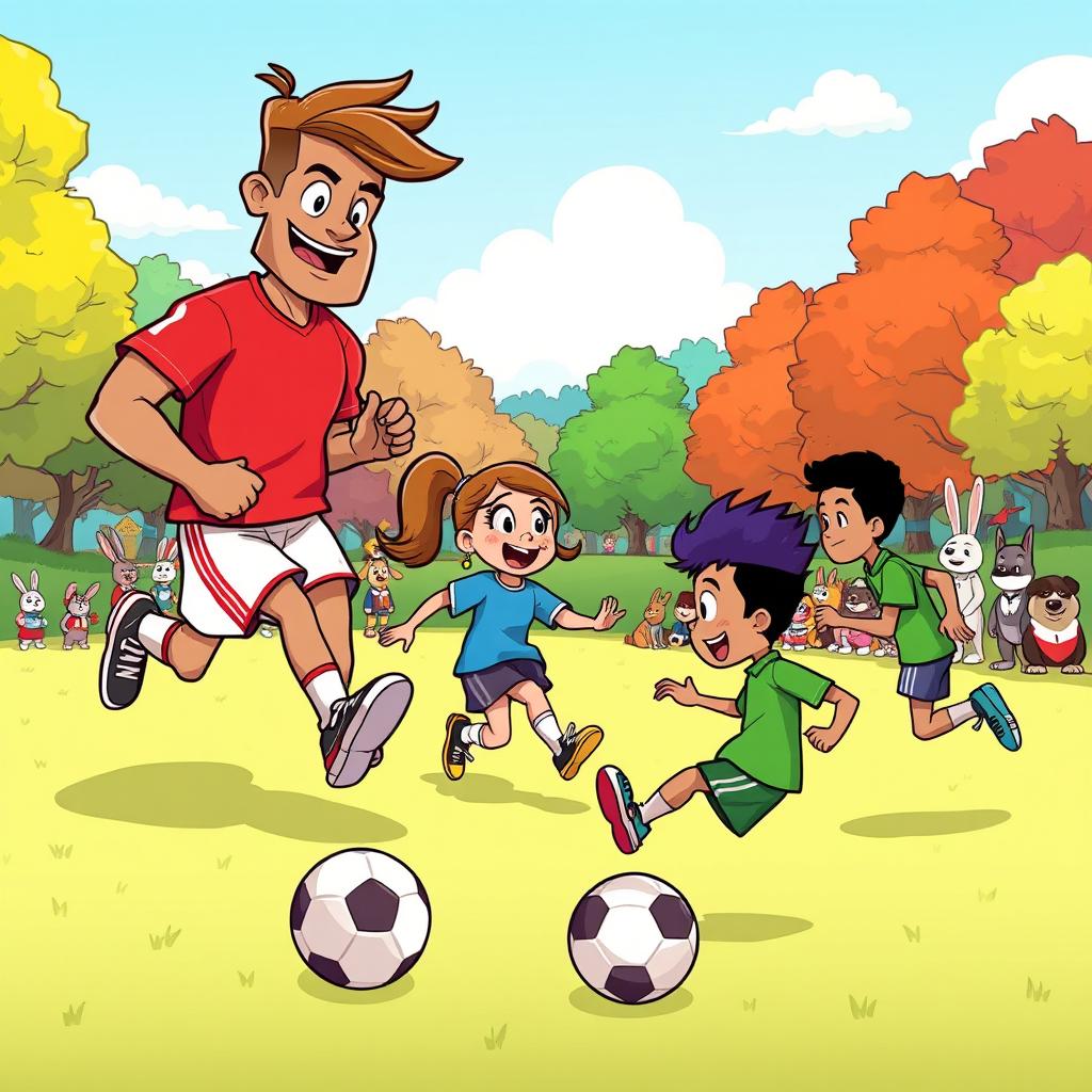 A vibrant and playful cartoon scene featuring a diverse group of cartoon characters playing football in a park