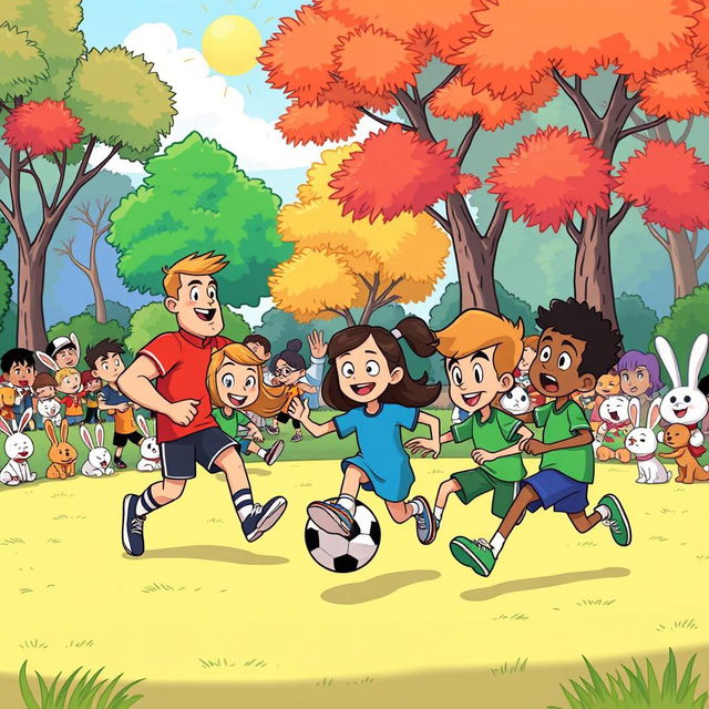 A vibrant and playful cartoon scene featuring a diverse group of cartoon characters playing football in a park