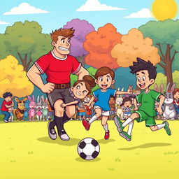A vibrant and playful cartoon scene featuring a diverse group of cartoon characters playing football in a park