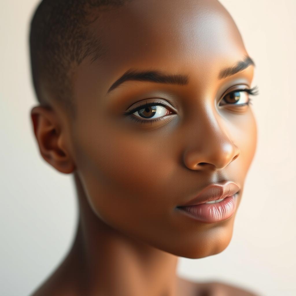 A close-up portrait of a smooth-skinned person, showcasing flawless skin with no body hair visible