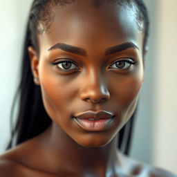 A close-up portrait of a smooth-skinned person, showcasing flawless skin with no body hair visible