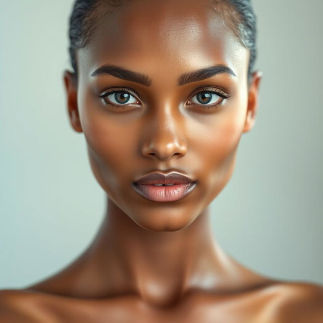 A close-up portrait of a smooth-skinned person, showcasing flawless skin with no body hair visible