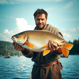 A rugged medieval fisherman holding a large fish, looking directly into the camera with a proud expression