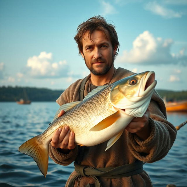 A rugged medieval fisherman holding a large fish, looking directly into the camera with a proud expression