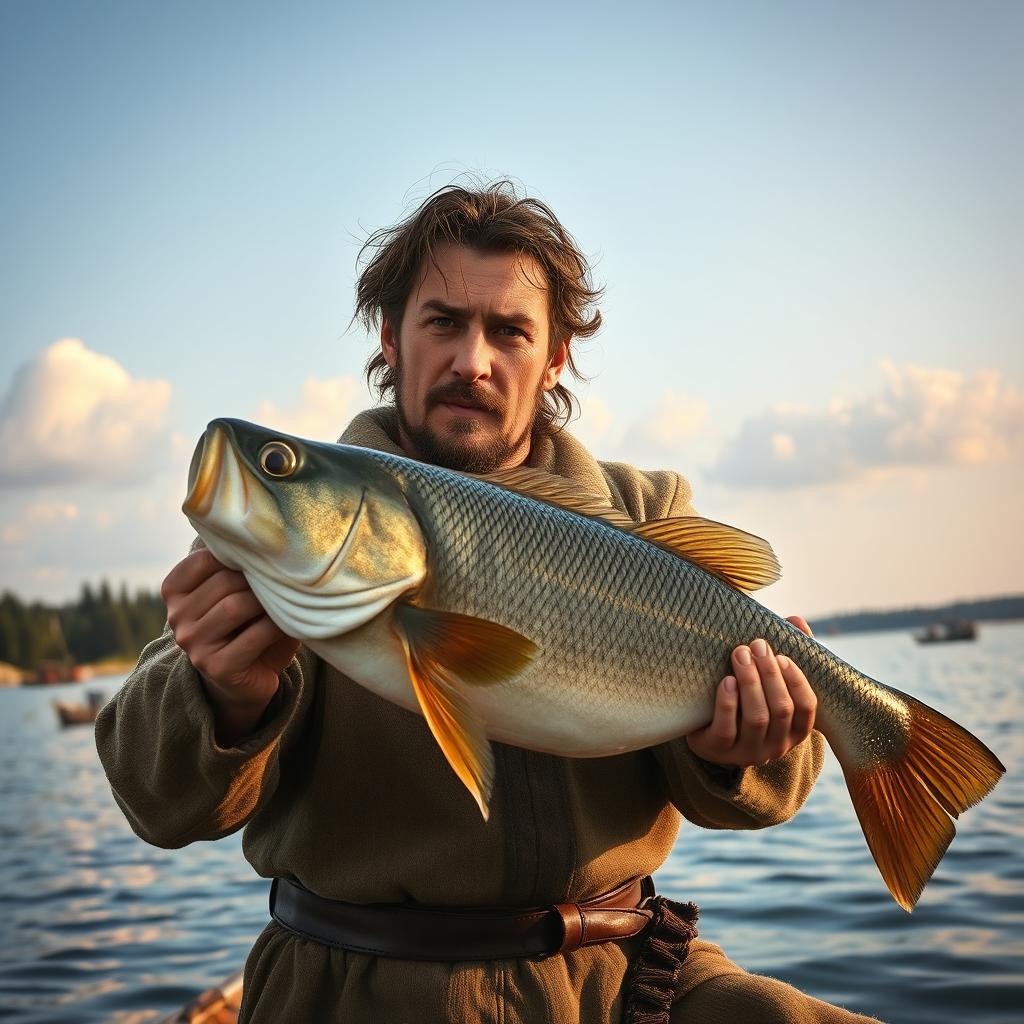 A rugged medieval fisherman holding a large fish, looking directly into the camera with a proud expression