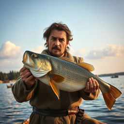 A rugged medieval fisherman holding a large fish, looking directly into the camera with a proud expression