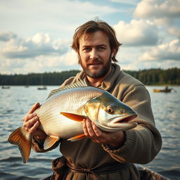 A rugged medieval fisherman holding a large fish, looking directly into the camera with a proud expression