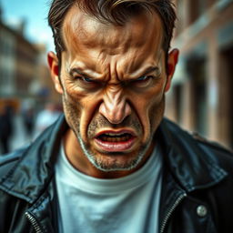 A portrait of an angry man, showcasing his intense expression and furrowed brow