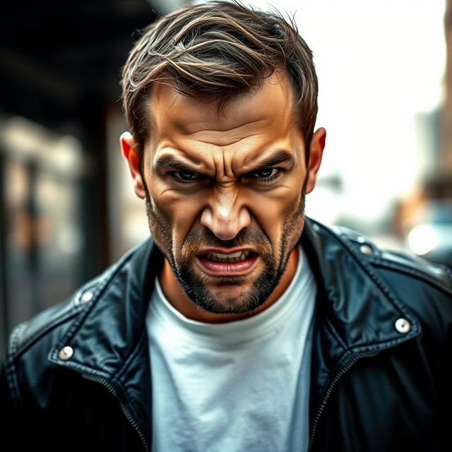 A portrait of an angry man, showcasing his intense expression and furrowed brow