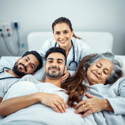 A medical scene featuring a doctor and three patients laying down on hospital beds, all looking directly at the camera