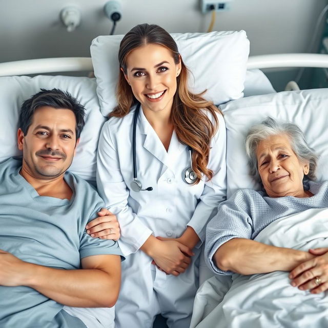 A medical scene featuring a doctor and three patients laying down on hospital beds, all looking directly at the camera