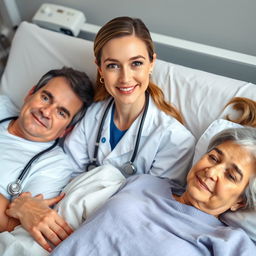 A medical scene featuring a doctor and three patients laying down on hospital beds, all looking directly at the camera