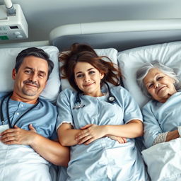 A medical scene featuring a doctor and three patients laying down on hospital beds, all looking directly at the camera