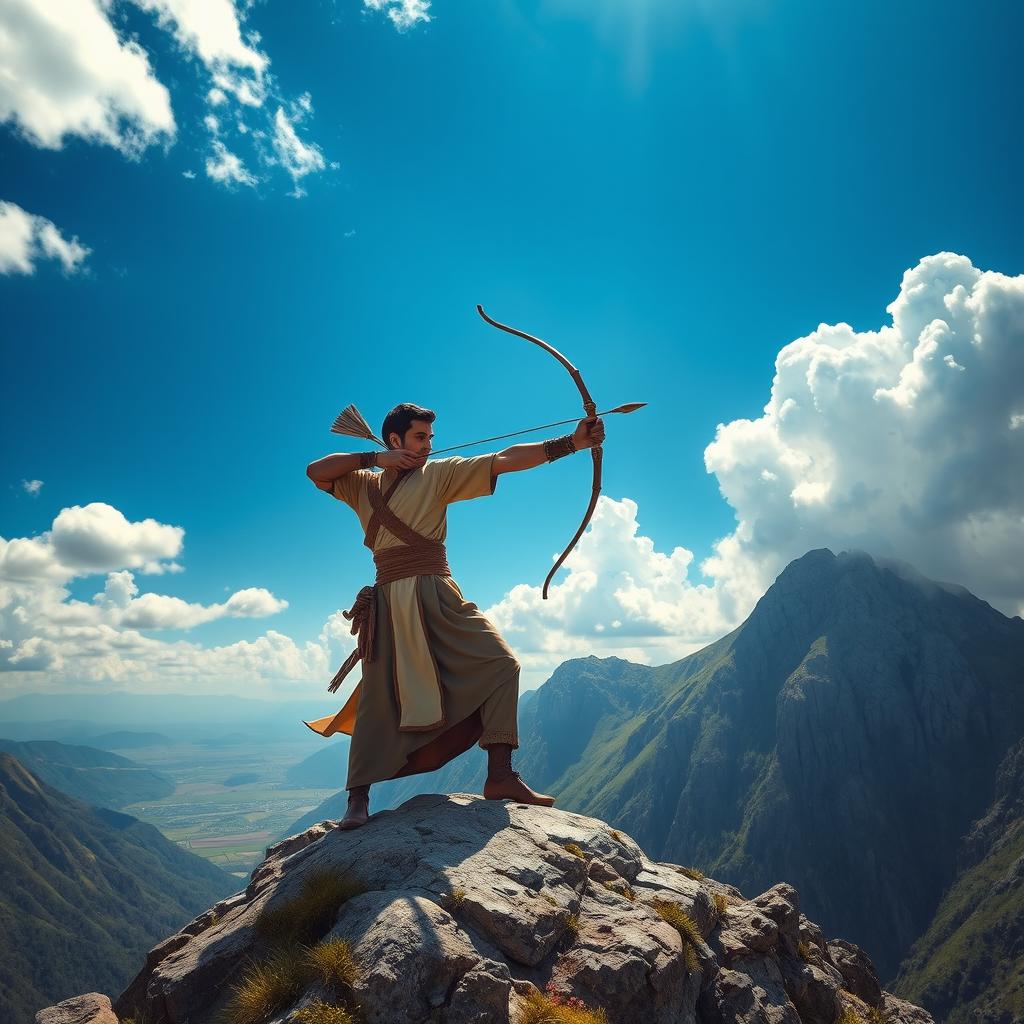 A majestic scene of Arash the Archer standing on top of a mountain, poised to launch a powerful arrow