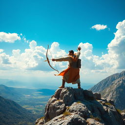A majestic scene of Arash the Archer standing on top of a mountain, poised to launch a powerful arrow