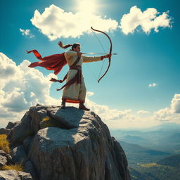 A majestic scene of Arash the Archer standing on top of a mountain, poised to launch a powerful arrow
