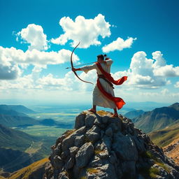 A majestic scene of Arash the Archer standing on top of a mountain, poised to launch a powerful arrow