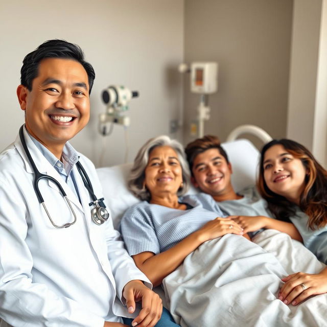 A doctor in a white lab coat with a stethoscope around their neck, smiling warmly at the camera, is positioned beside three patients lying on a hospital bed