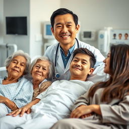 A doctor in a white lab coat with a stethoscope around their neck, smiling warmly at the camera, is positioned beside three patients lying on a hospital bed